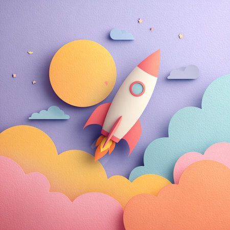 Rocket flying in the sky. Paper art style. Vector illustration.の素材