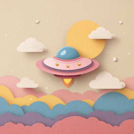UFOs in the sky. Paper art style. Vector illustration.の素材