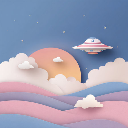 Paper art style of UFO flying over the sea. Vector illustration.の素材