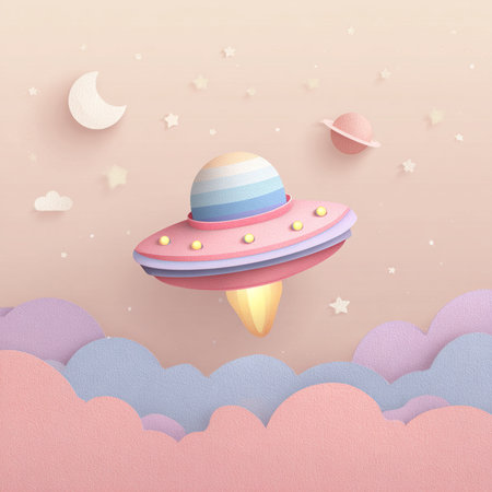 UFOs in the sky. Paper art style. Vector illustration.の素材