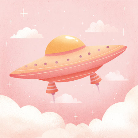 Flying saucer in the sky with clouds and stars, vector illustrationの素材