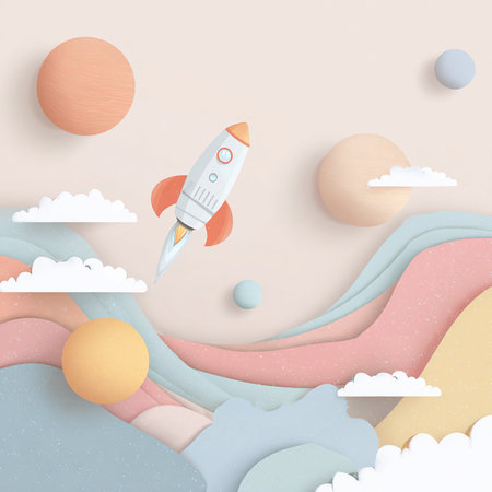 Paper art style of space rocket and planets, 3d illustration.の素材