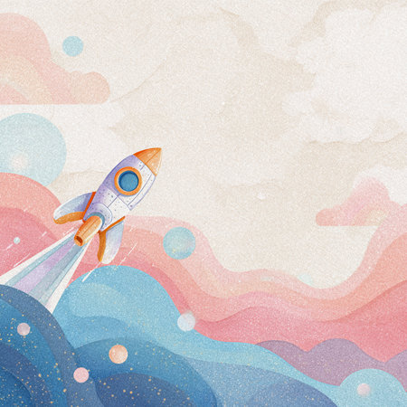 Retro background with space rocket and clouds in watercolor style.の素材