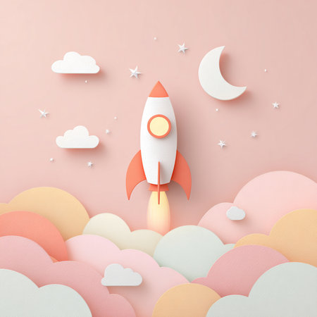 Rocket with clouds and stars. Paper art style. Vector illustration.の素材