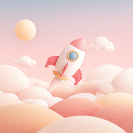 Rocket in the sky. 3d illustration. Minimal style.の素材
