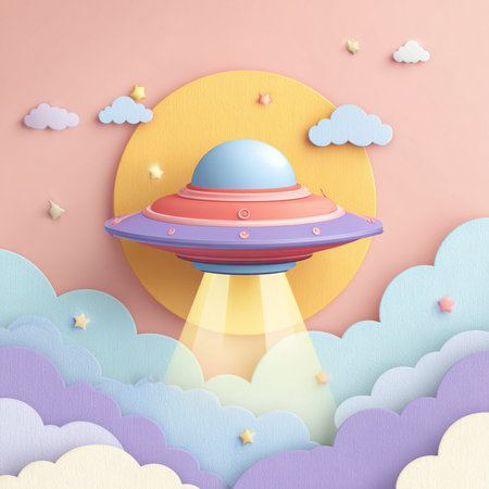 UFOs in the sky. Paper art style. Vector illustration.の素材