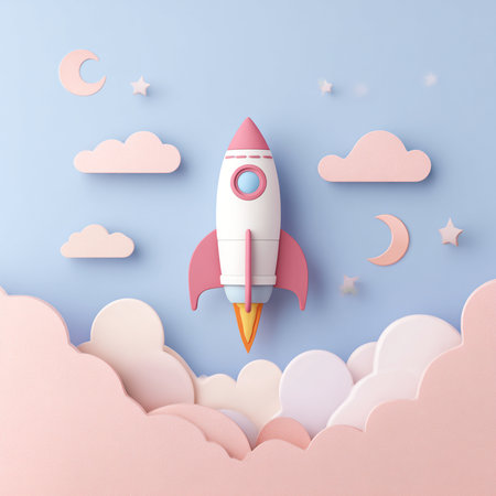 Rocket flying in the sky. Paper art style. Vector illustration.の素材