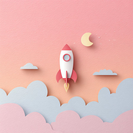 Rocket in the sky. Paper art and craft style. Vector illustration.の素材