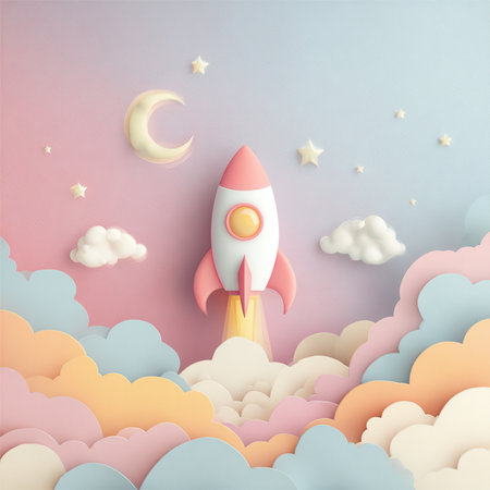 Rocket in the sky with clouds. Paper art style. Vector illustration.の素材