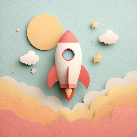 Rocket launch with paper art and craft style on color paper background.の素材