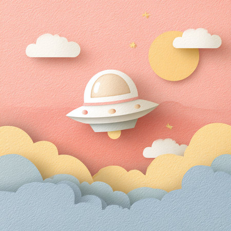 Paper art style of flying saucer in the sky. Vector illustration.の素材