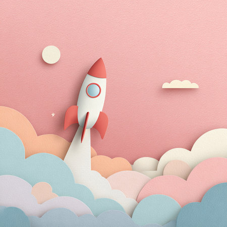 Rocket in the sky. Paper art and craft style. Vector illustration.の素材