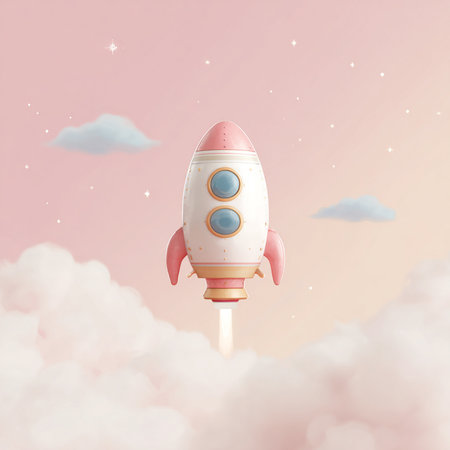 Rocket flying in the sky. 3D illustrations. Vintage styles.の素材