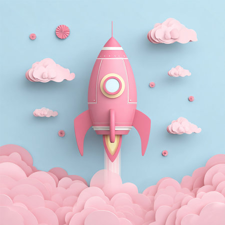 Rocket with pink clouds on blue background. Paper art style. Vector illustration.の素材