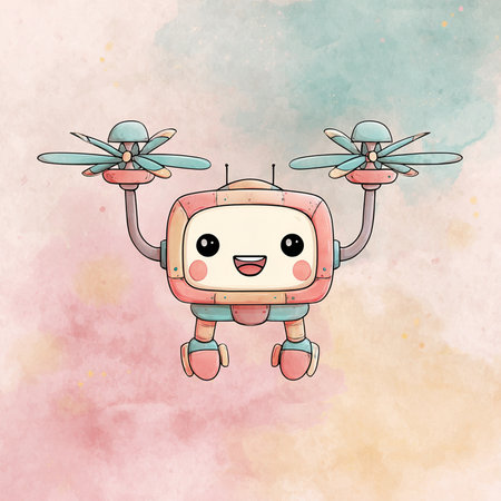 Cute robot with flying drone on watercolor background. Vector illustration.の素材