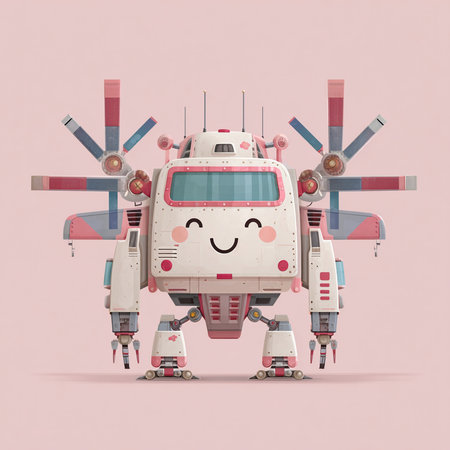 Funny robot isolated on pink background. Cute cartoon robot.の素材