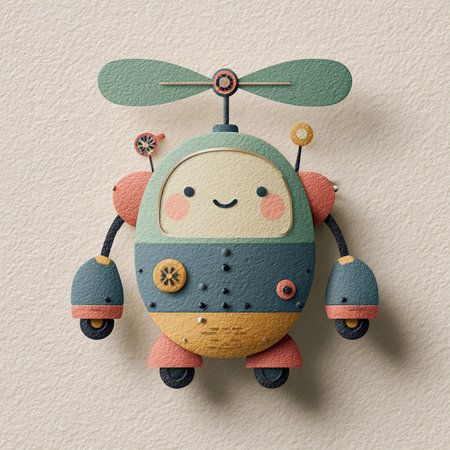 Cute robot toy on white paper background. 3D rendering.の素材