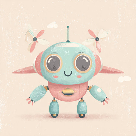 Cute cartoon robot with wings on grunge background. Vector illustration.の素材