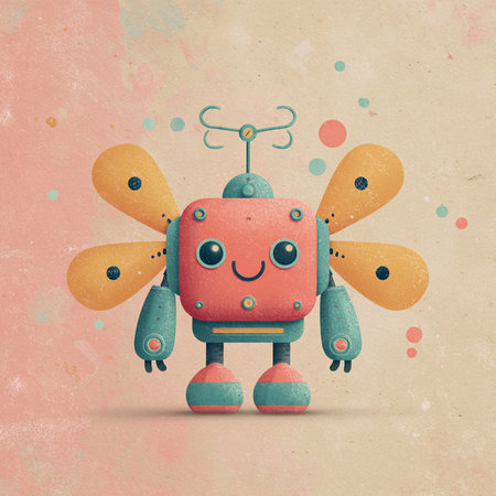 Funny robot with colorful dots on grunge background. Cartoon illustration.の素材