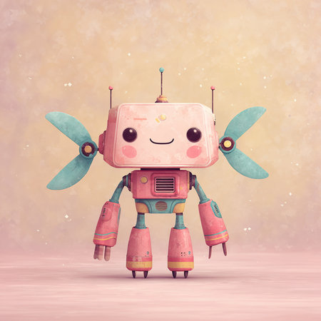 Cute cartoon robot with wings on a grunge background. Vector illustration.の素材