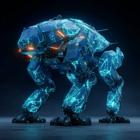 3D rendering of a robot with glowing lights on a dark backgroundの素材