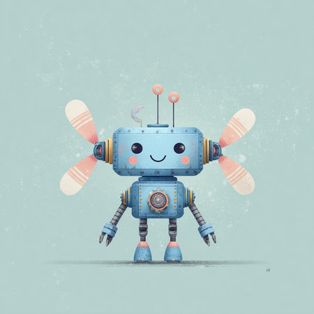 Cute cartoon robot on blue grunge background. Vector illustration.の素材