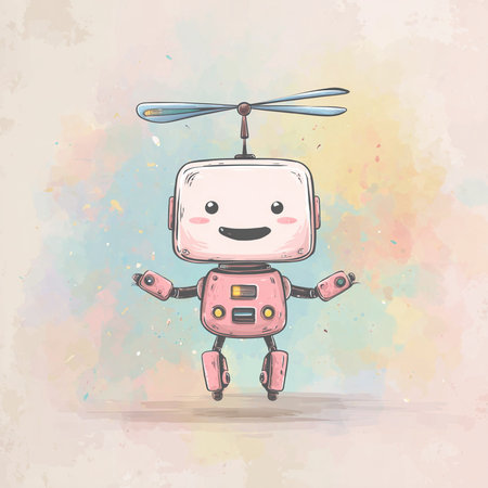 Cute robot with helicopter on watercolor background. Vector illustration.の素材