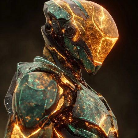 3D rendering of a male cyborg with a glowing head.の素材