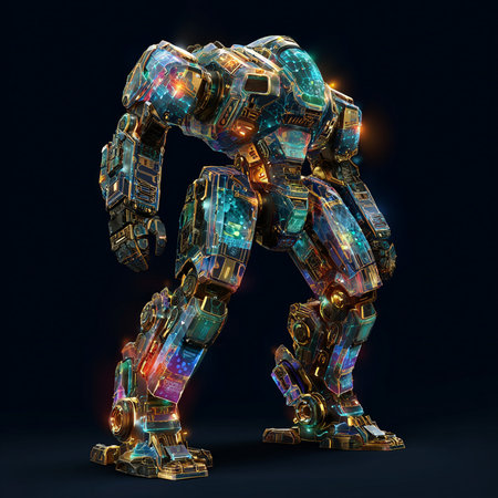 3D rendering of a robot with glowing lights on a dark backgroundの素材