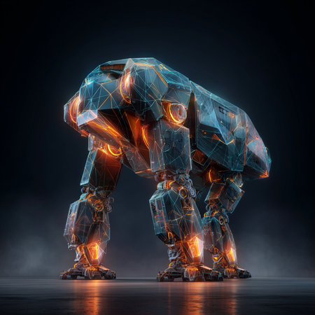 Futuristic robot with glowing lines on dark background. 3d renderingの素材