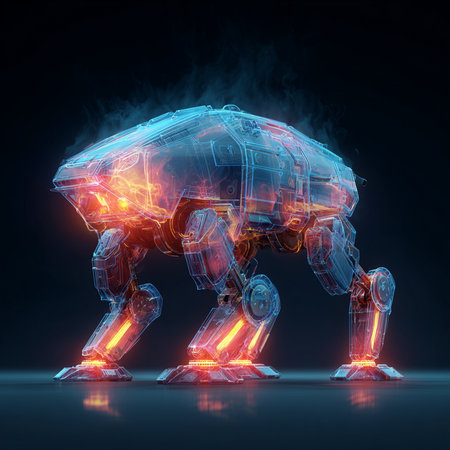 3d rendering of a futuristic robot made of glowing wireframe.の素材