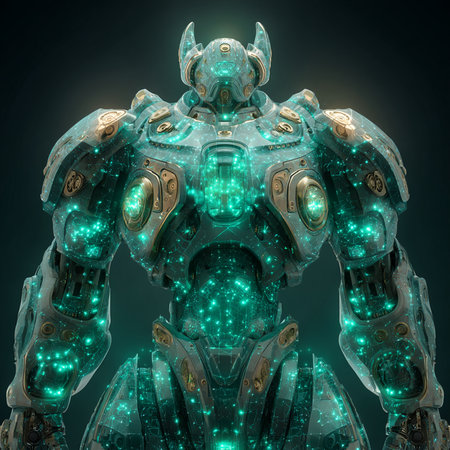 3D rendering of a female robot with green neon lights on a dark backgroundの素材