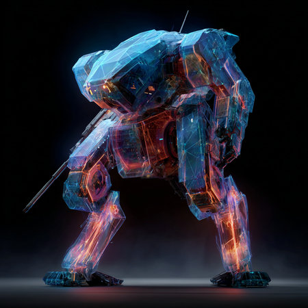3D rendering of a robot isolated on black background with neon lightの素材