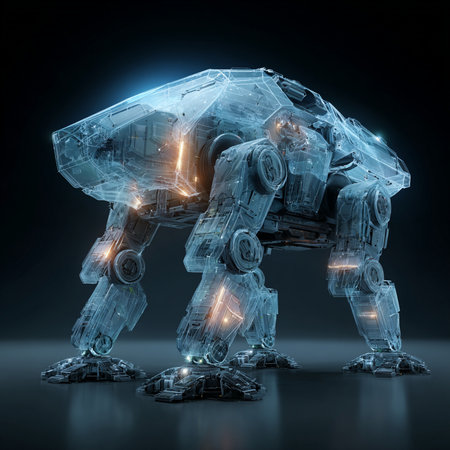 3D rendering of a robot made of glass with luminous lightsの素材