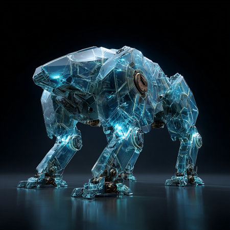 3D rendering of a robot made of polygonal shapes on dark backgroundの素材