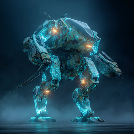 3D rendering of a robot on a dark background with light effectsの素材