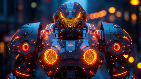 3D rendering of futuristic robot in the dark with neon lights.の素材