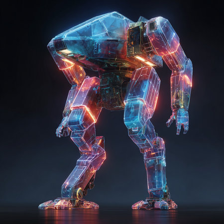 3d rendering of a robot made of neon lights on a dark backgroundの素材