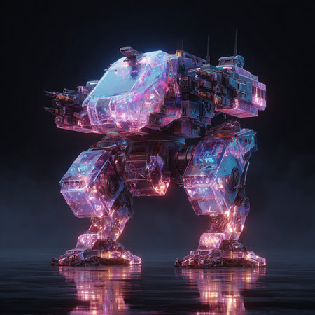 3D rendering of a futuristic robot with neon lights on a dark backgroundの素材