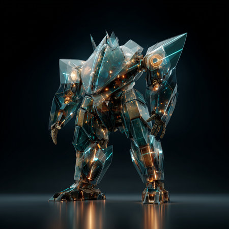 Futuristic robot with glowing lights on dark background 3D renderingの素材