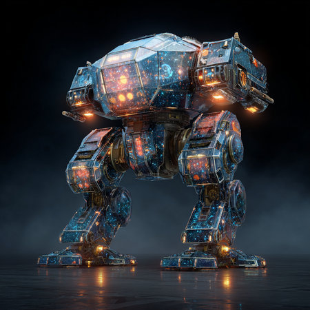 Futuristic robot with glowing lights on dark background 3D renderingの素材