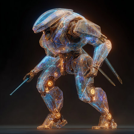 3d rendering of a robot with glowing particles on a black backgroundの素材