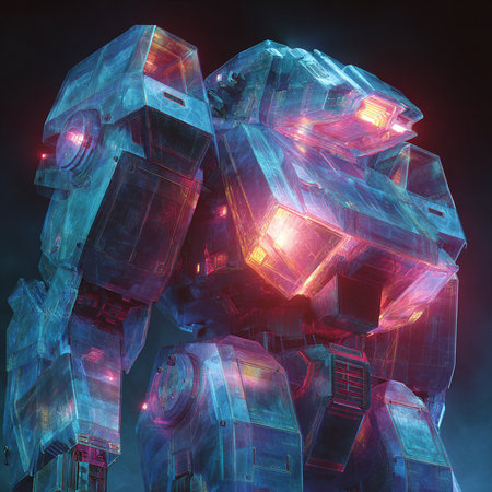 3D rendering of a robot with glowing neon lights on a dark backgroundの素材