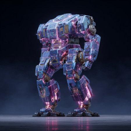 3D rendering of a futuristic robot isolated on a dark background.の素材