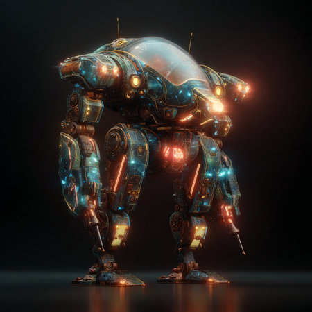3D rendering of a futuristic robot on a dark background with highlightsの素材