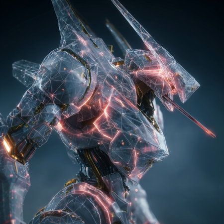 Cyborg with glowing wireframe on dark background. 3D renderingの素材