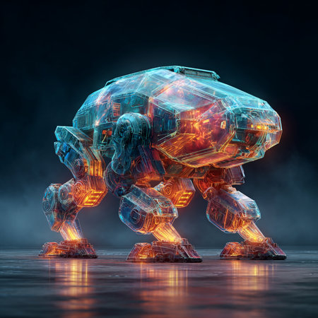 3D rendering of a robot with glowing lights on a dark backgroundの素材
