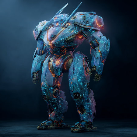 3d rendering of a robot with neon lights on a dark backgroundの素材