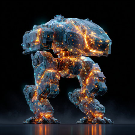 3D rendering of a robot with glowing lights on a black backgroundの素材