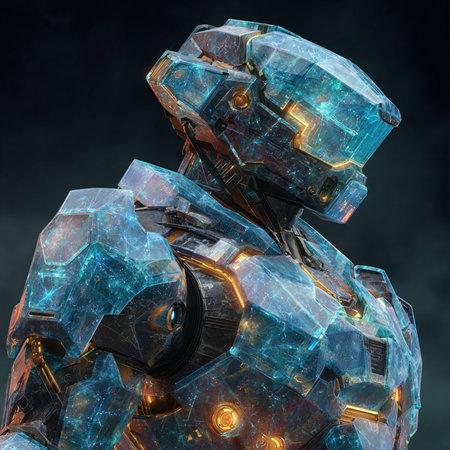 3D rendering of a cyborg in space with blue neon lightsの素材